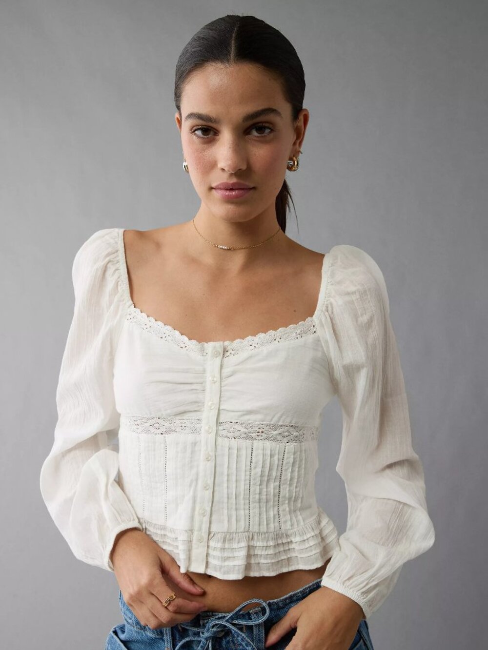 AMERICAN EAGLE Ivory White Cotton Voile Cinched Pintucked Lace Blouse, Size S